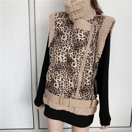 

Women Leopard Print fur faux leather sleeveless jacket coat Ladies 2023 Winter Thick Warm Oversized waistcoat