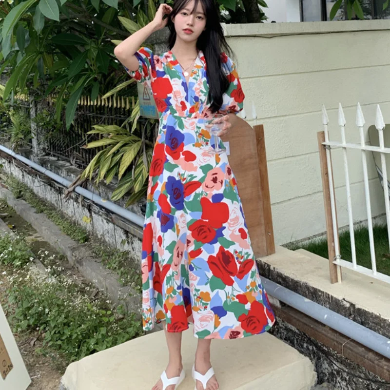 

2021 New Women Summer Elegant Vintage Long Flower Dress V Neck Elastic High Waist Midi A-line Sundress