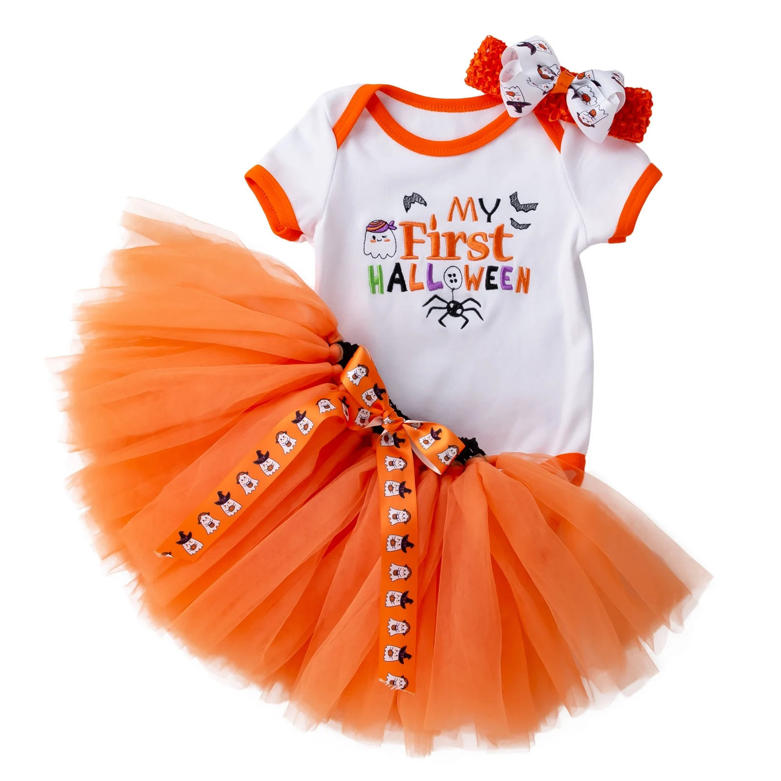 

3 PCS Baby Girls My 1st Halloween Clothes Set Embroidery Pattern Romper Yarn Tutu Skirt and Headdress Purple/ Orange