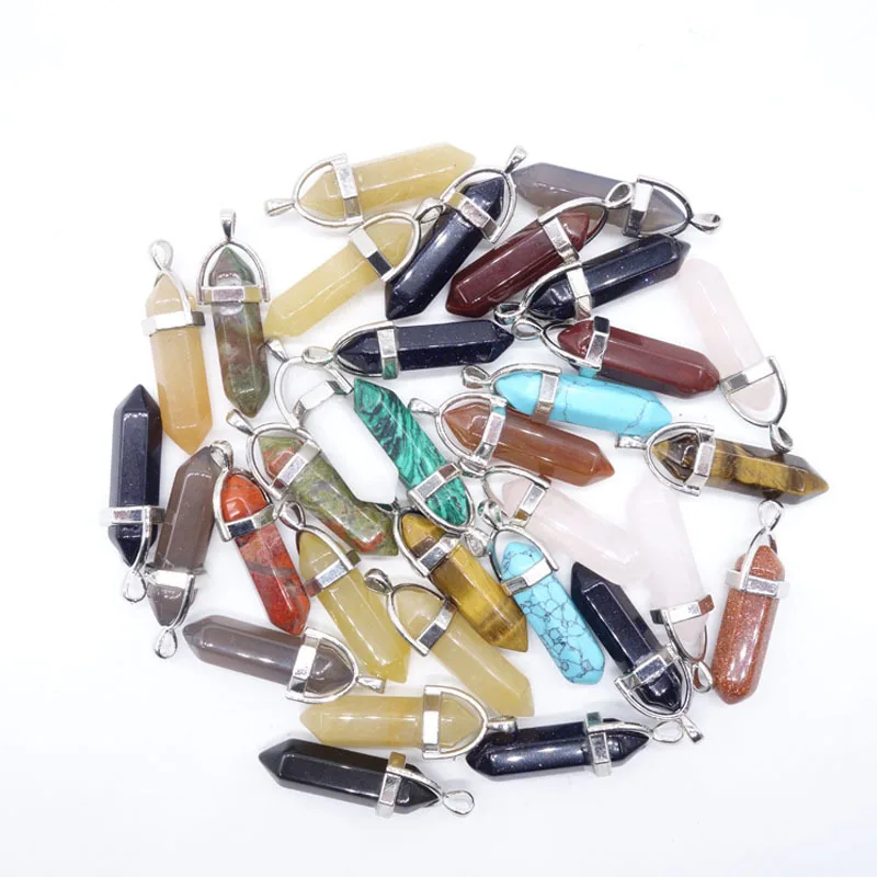 

Wholesale 12PCS Natural Stone Alloy Buckle Bullet Pillar Pendant For Jewelry Necklace Making Hexagonal Column Pendulum Pendant