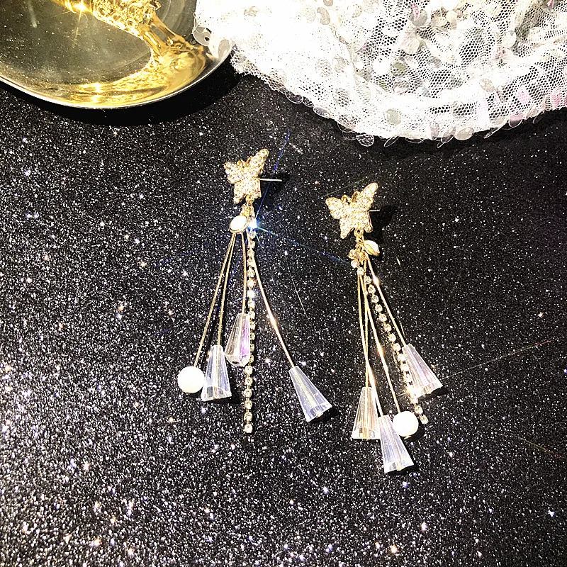 S925 Серебряные иглы новые серьги в форме бабочки с кристаллами супер фея Темперамент Длинная секция кисточкой серьги женские серьги-подвески