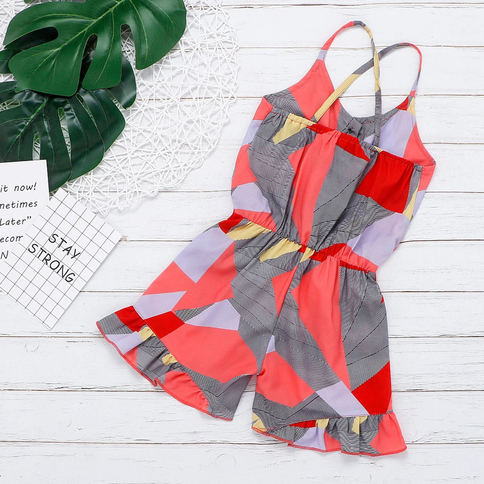 

Детский короткий комбинезон с геометрическим принтом, комбинезон на бретельках для девочек без рукавов с V-образным вырезом и поясом, 2021