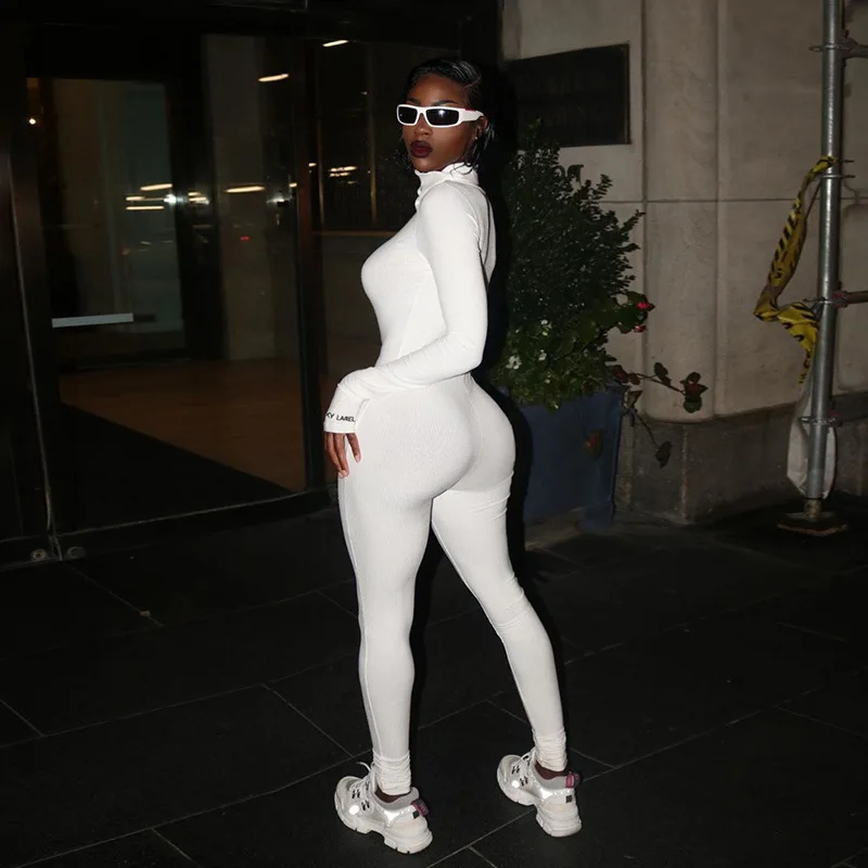 

New White Jumpsuit For Women Long Sleeve Casual Skinny V-neck Sexy Catsuit Zipper Sport Wear Bodysuit Black Fitness Romper 2021