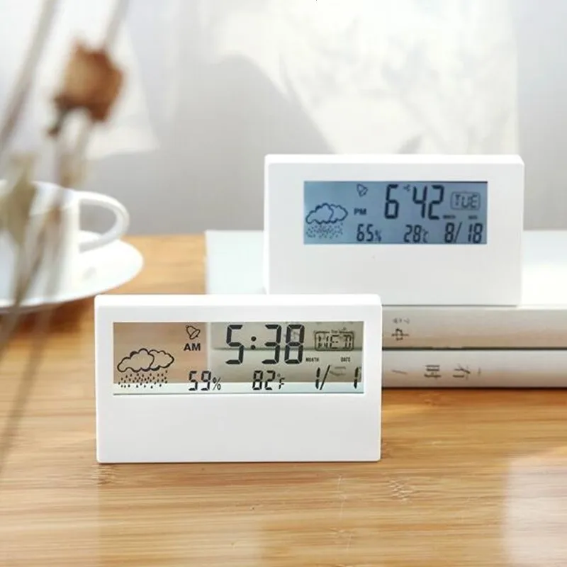 

Electronic Alarm Clock Noiseless Calendar Weather Temperature Humidity Display LED Table Clock with USB Cable for Living Room