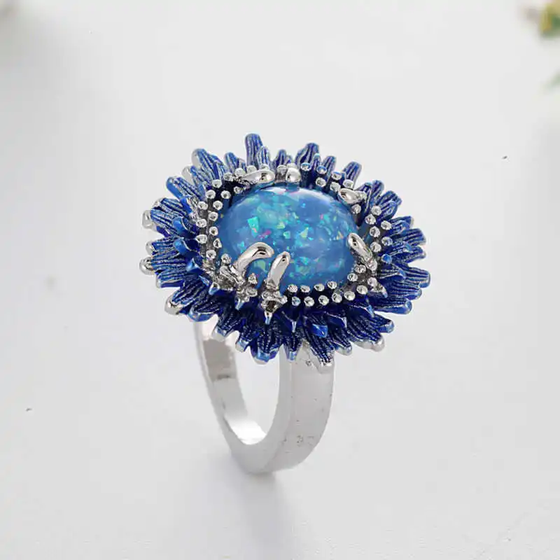

Size 6-10 Opal Jewellery Blue Silver Plated Wedding Party Fire Flower Women Ring