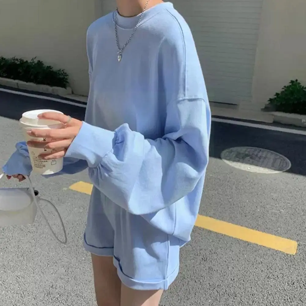 

Spring New Candy Color Loose Long-sleeved T-shirt Casual Shorts Suit Women Color Daily Street Style Wear For Outdoor N0W1