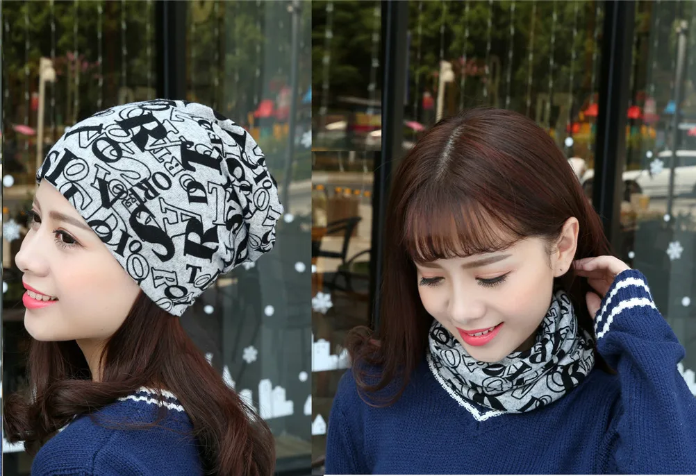 

Women's Warm Autumn Scarf 2 Use Knitting Cotton Letter Style Autumn Hat Ladies Beanie Cap Girls