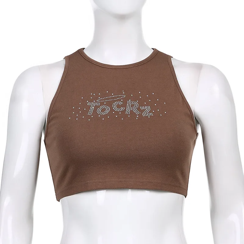 

Goth Dark Gothic Brown Bodycon Women Tank Tops Punk EGirl Indie Style Rhinestone Crop Tops O-Neck Fashion Summer Streetwear 2021