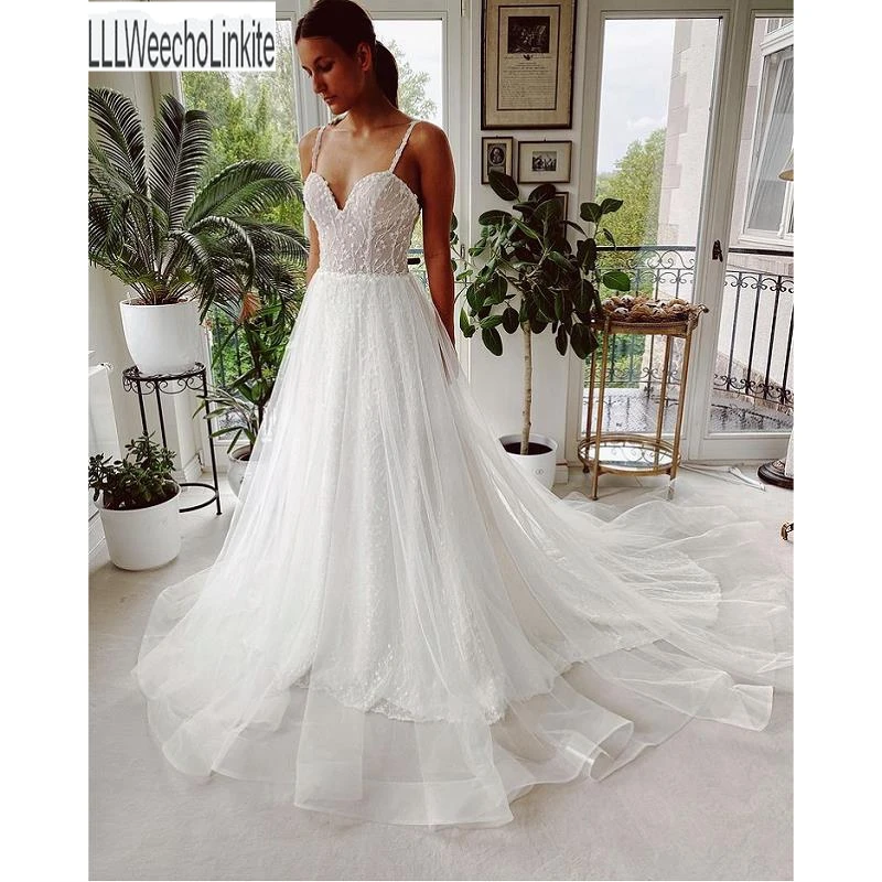

Ivory Tulle Lace Beading Spaghetti Straps Sweetheart Floor-Length A-Line Wedding Dresses Chapel Train Custom Made
