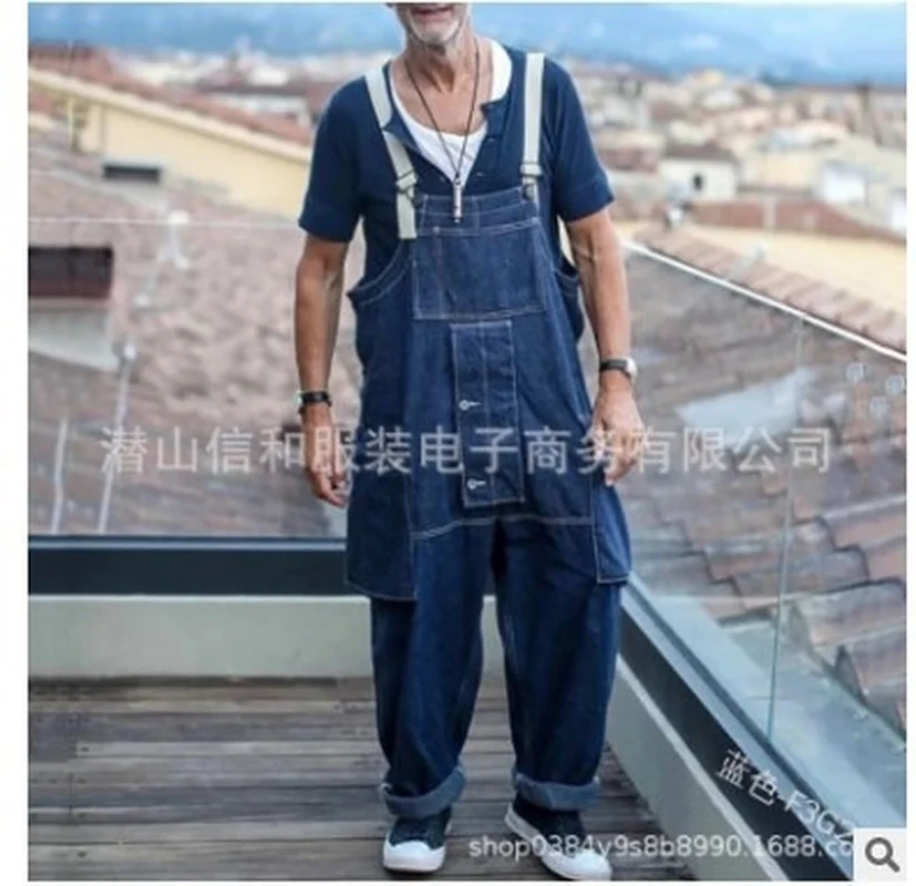Fashion Men Jeans Spring Autumn New Loose Work Clothes Jeans Trousers Casual Multi Pocket Mens Suspenders Pants Denim Pants