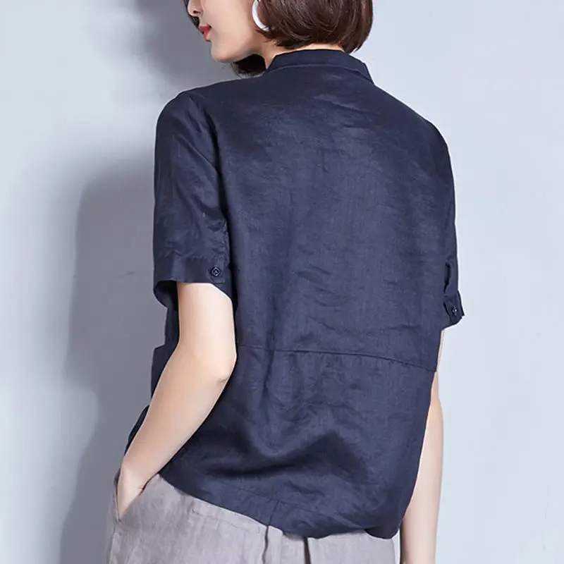 

New 2021 Summer Korean Women Cotton Linen Loose Short Sleeve Shirt Femme Casual Pockets Clothing Blouses Shirts Plus Size Tops