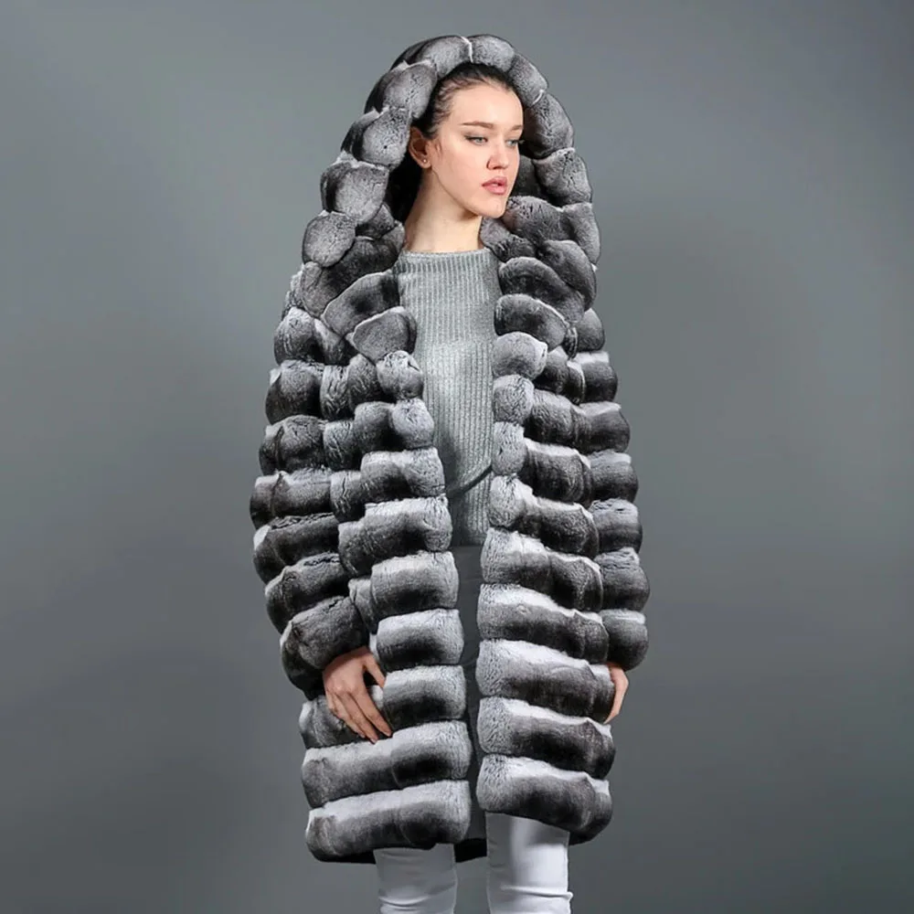 TOPFUR Hood Rex Rabbit Real Fur Chinchilla Coat Winter Thicken Warm Casual Hairy Outertwear Female 2022 New Genuine Fur Jacket