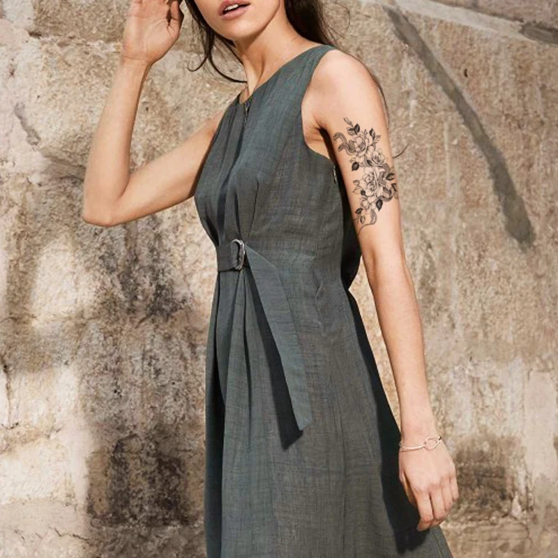 

Black Peony Rose Flower Leavers Waterproof Temporary Tattoo Sticker SnakeTatto Body Art Arm Hand Sexy Girl Women Fake Tatoo
