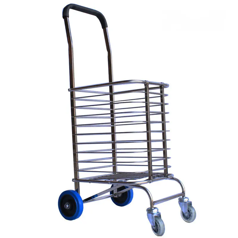 Stainless Steel Grocery Shopping Cart Can Load 75KG, Foldable Hand Dolly, Portable Supermarket Basket