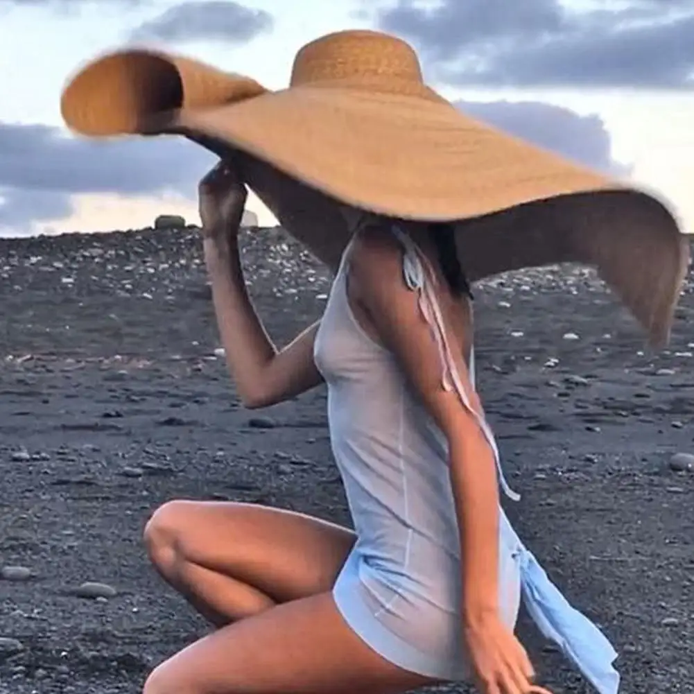 

HOT SALES !!! Woman Collapsible Outdoor Travel Beach Oversized Sun Protection Hat Straw Cap
