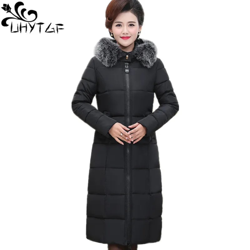 

UHYTGF женская зимняя куртка 3XL размера плюс, Женская парка, женская, теплая, хлопковая, длинная, толстая, с большим меховым воротником, X487