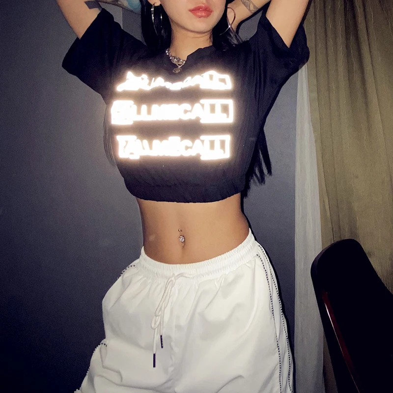 

Ins Hot Women T-shirts Cool Casual Hip-hop Crop Tops Midriff-baring Short-sleeve Letters Print Fluorescence T-shirt