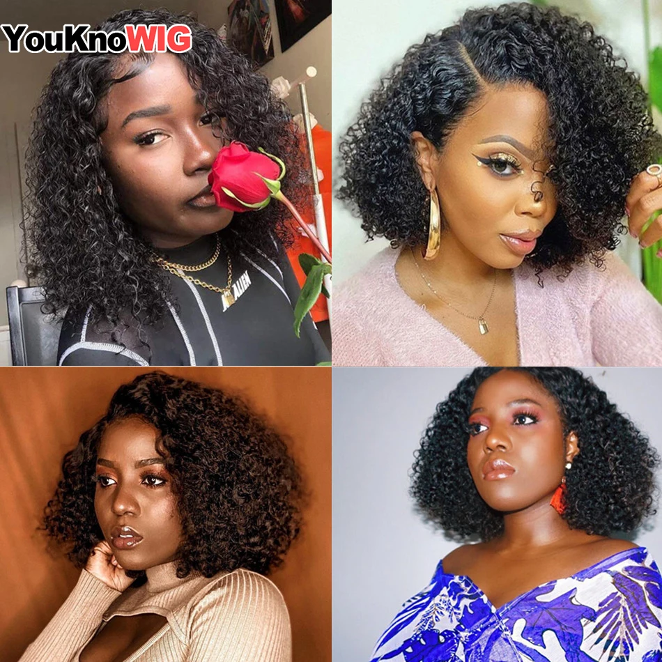 

Short Curly Bob T Lace Wigs J Part Kinky Curly Wig Peruvian Human Hair Wig 13X1 Side Part Lace Wigs For Black Women