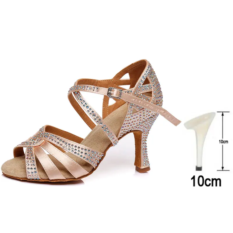 Beige 10CM HROYL/Женская обувь для латинских танцев; женские танцевальные сандалии для танго; Сальса; Самба; стразы; пикантные вечерние туфли на каблуке 5/6/7,5/8,5/9/1 - Цвет: Beige 10CM
