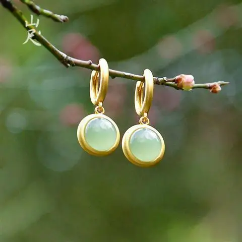 

Luqing Jade Natural Hetian Jade Chinese Earrings S925 Sterling Silver Jade Eardrops Simple Exquisite Everyday Joker Earrings