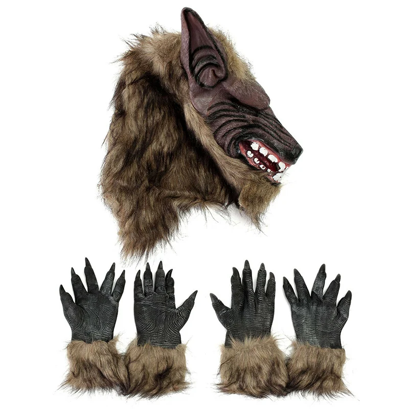 

Hot Selling Halloween Latex Rubber Wolf Head Hair Mask Werewolf Gloves Costume Party Scary Decor LBV