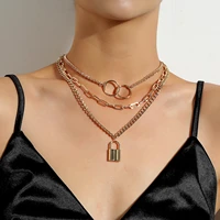 retro geometric double circle lock shaped pendant necklace female punk versatile multi layer necklace