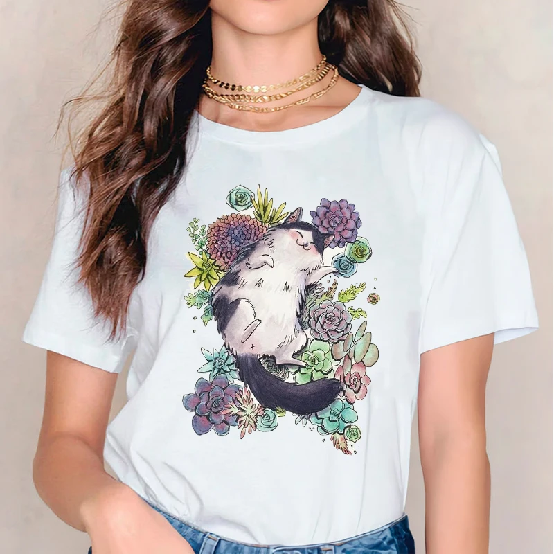 

Women Cartoon Cat Funny Womens Ladies Graphic Female Tee T-Shirt Clothing Casual Summer Spring T Shirt Clothes Tshirts