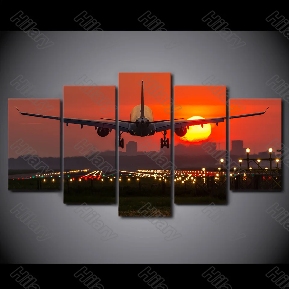 

Poster Red-Sunset-Landscape-And-Airplane Canvas Painting 5Pcs Wall Art Customizable Decoration for Living Room and Bedroom