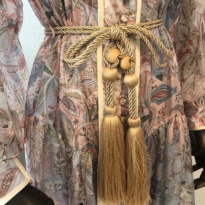 

Women Vintage Chiffon Maxi Summer Dress Lantern Sleeve Stand Collar High Waist Sashes Long Holiday Dress Original Quality