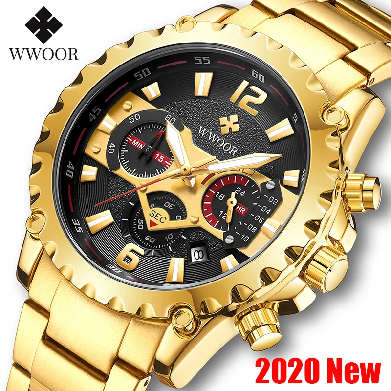

WWOOR 2020 Creative Watches Mens Top Luxury Gold Black Big Bial Military Watch For Men Waterproof Full Steel Quartz Wristwatches