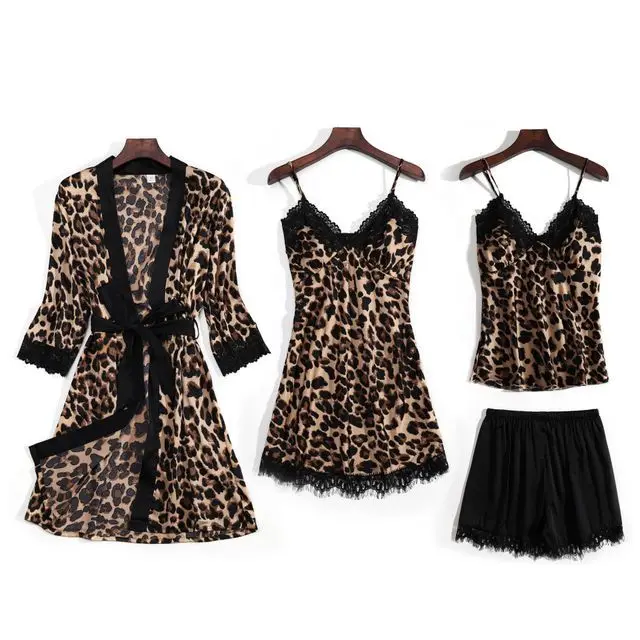 

Brand European and American lingerie sexy home sling nightdress leopard print four-piece Korean sling with chest pad A492