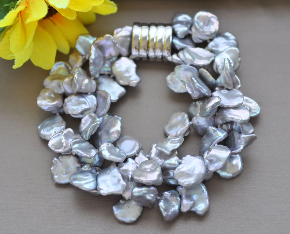 

Z10161 3Row 8" 15mm Gray lamina Keshi Pearl Bracelet Magnet