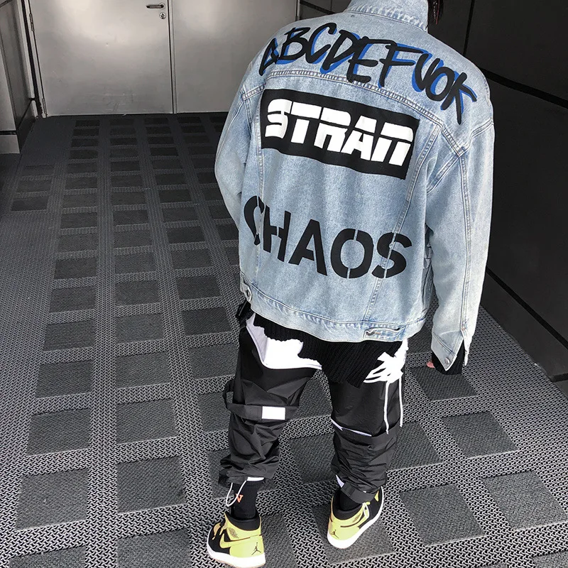 

NiceDaily Autumn Men's Denim Jacket Cotton Hip-Hop Loose Graffiti Jacket Single-Breasted Oversize Water Distressed Spoof Coat