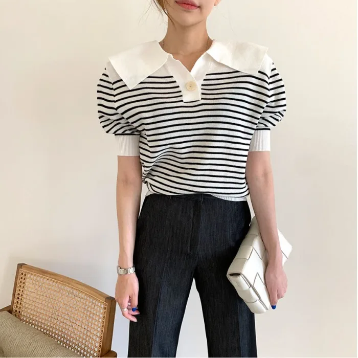 

Korean Chic French Minority Spring/Summer Loose Slimming and All-Matching Top Leisure Anti-Aging Short Sleeve Striped Sweater