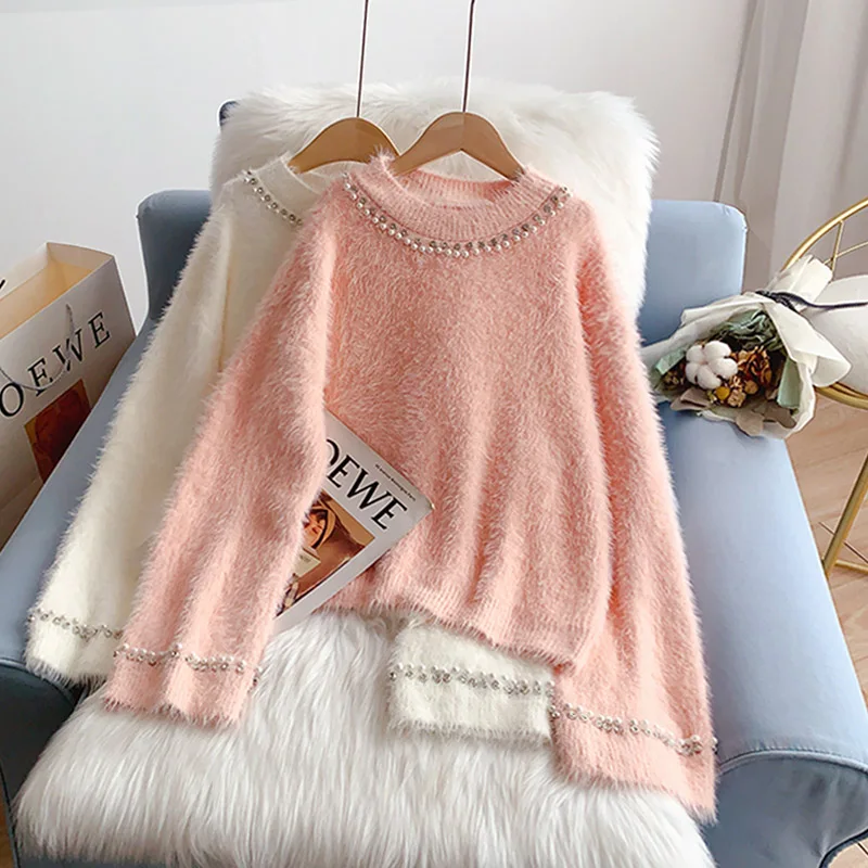 

SONG YI Sweaters Women Fashion Faux Mink Cashmere Beasing O Neck Long Sleeve Knitting Solid Simple Soft Feminine Pullovers J325