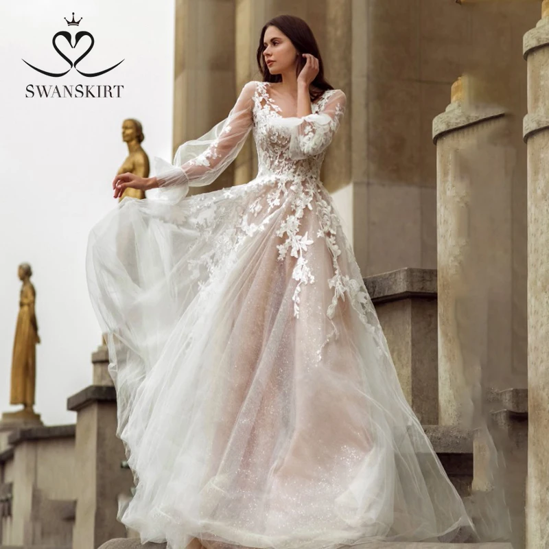 Женское свадебное платье со шлейфом swanсара кружевное ТРАПЕЦИЕВИДНОЕ ПЛАТЬЕ с