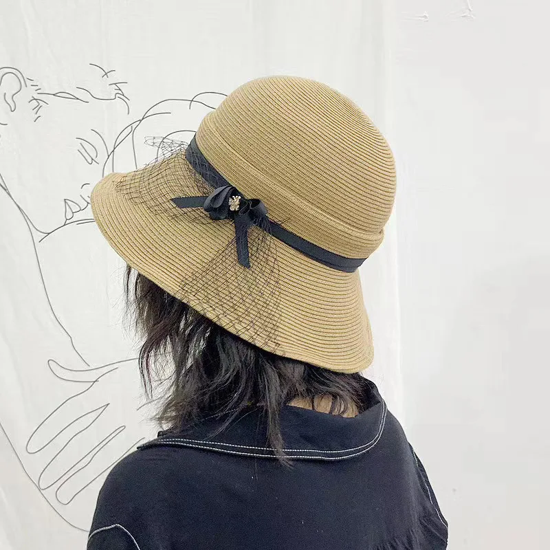 

Top French Summer Hats For Women Net Bowknot Straw Sun Cap Lady Girls Beach Wide Brim Sunscreen Collapsible Travel Gorras