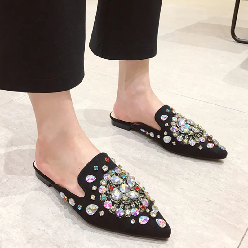 Цветная обувь с кристаллами Женские Тапочки низкий каблук шлепанцы со стразами