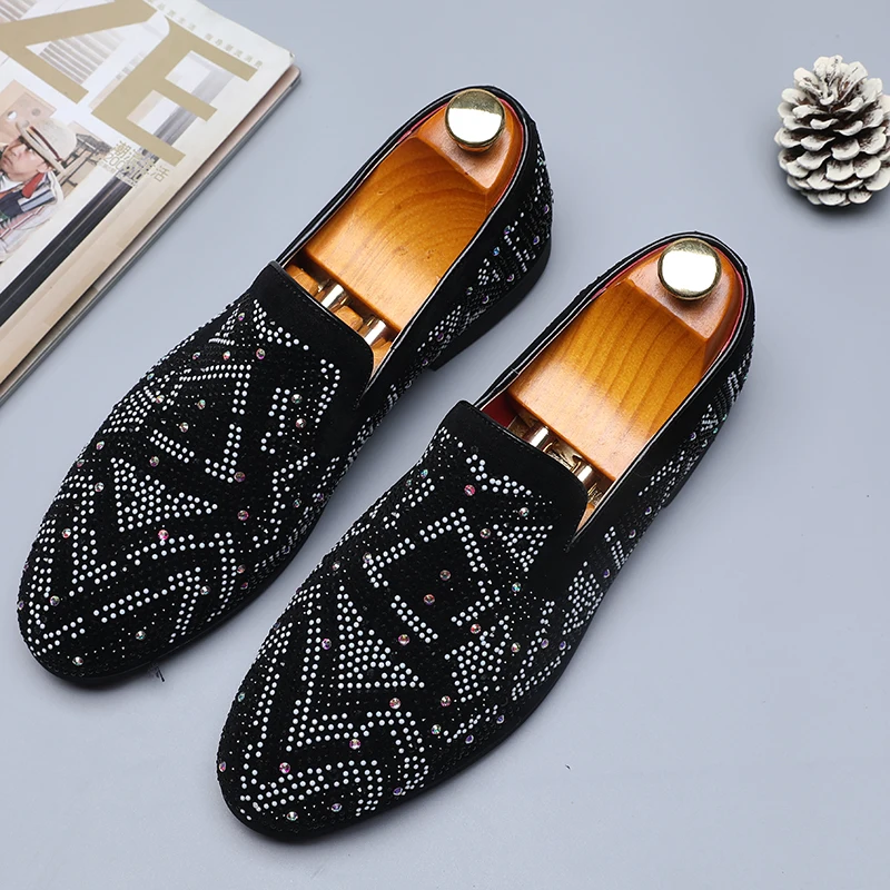 Элитный бренд ручной работы черные шипы Стразы Блеск мужские лоферы дымчатой