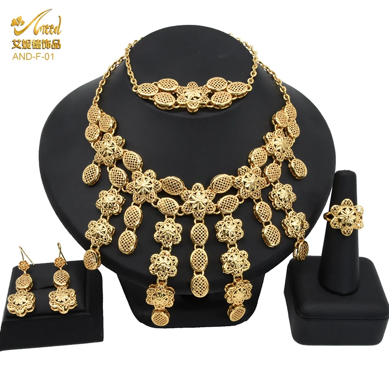 

ANIID Necklace Sets Jewelry Women Ethiopian Alloy Fashion Earring Bracelet Wedding Pary Nigeria Luxury Ring 24k Gold Color Dubai