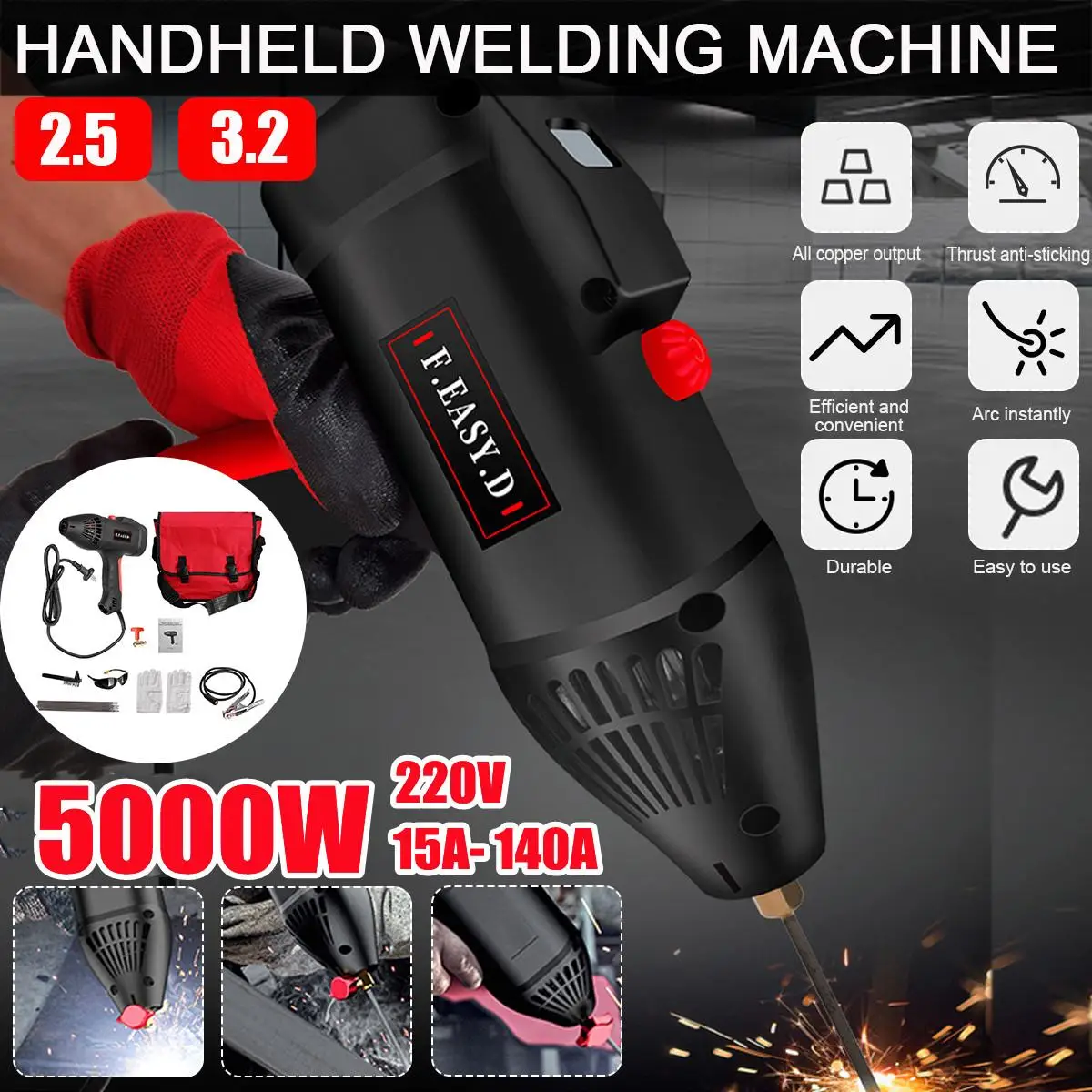 

220V 5000W Electric Digital Arc Welding Machine Handheld Automatic Welder Tool Current Thrust welding group for 2~14mm Thickness
