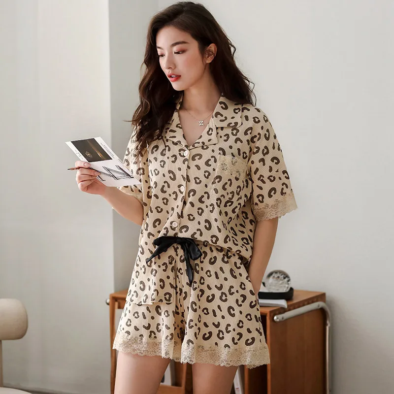 

Leopard Pants Vetement De Nuit Femme Sleepwear Women Shorts Summer Pajamas Women Seksi Gecelik Short Pajama Set Shortama Dames