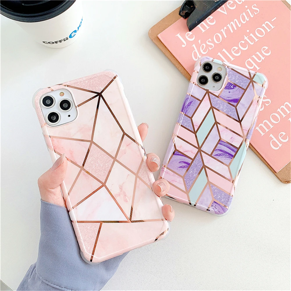 

10Pcs Colorful Texture Case For iPhone 12 11 Pro Max X XS Max XR 7 8 Plus SE2 Plating Line Geometric Marble Cover For i12 Mini