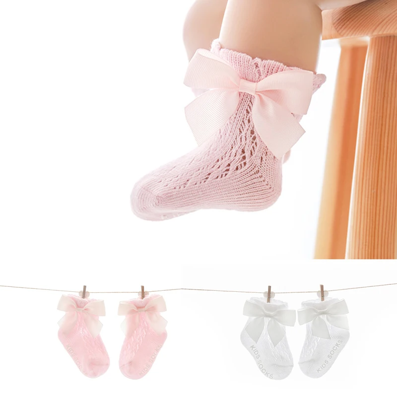 

Spanish Mesh Thin Transfer Loop Girls Bow Short Tube Socks Summer Children's Cotton Breathable Socks White/Pink