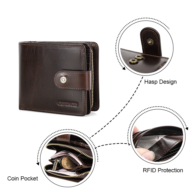 

CONTACT'S Men Wallets Luxury Brand Genuine Leather Short Purse With Coin Pocket Multifunction Rfid Wallet Male Card Holder Small
