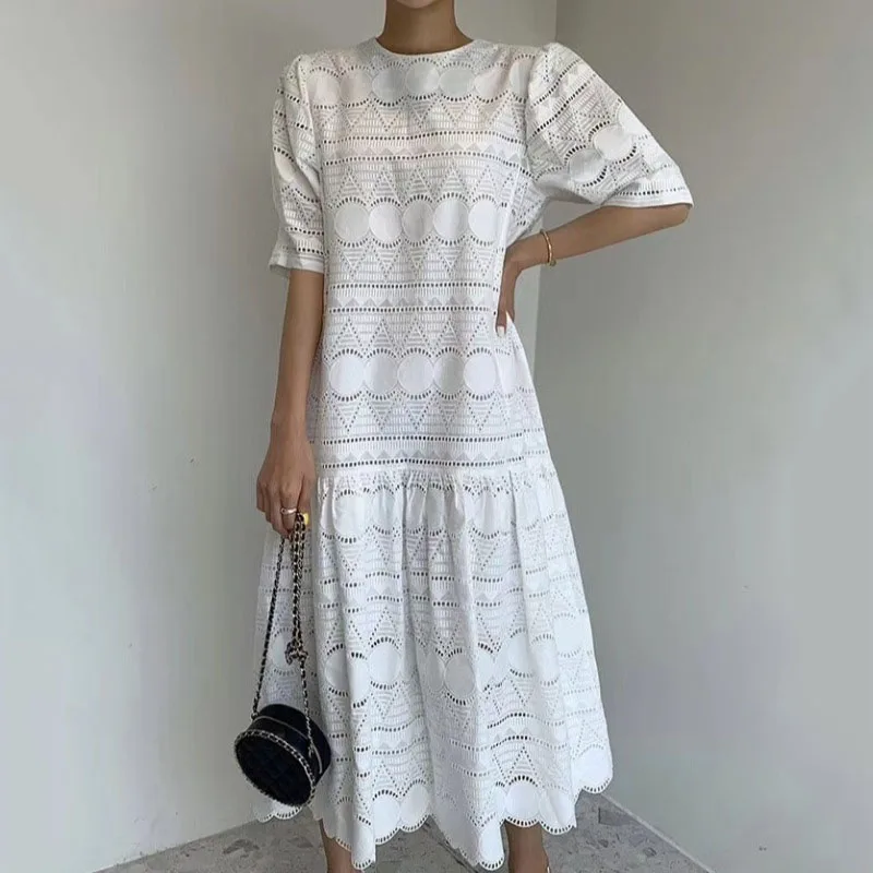 

White Solid Chic Dresses Female Summer Short Sleeve O-neck Maxi Bodycon Clothing Woman Korean Elegant Dress Woman 2021