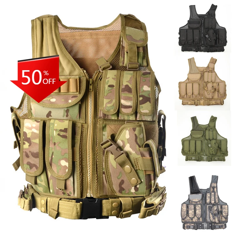 

Military Tactical Vest with Gun Holster MOLLE Airsoft Combat Tactical Vest Black tan green multicam