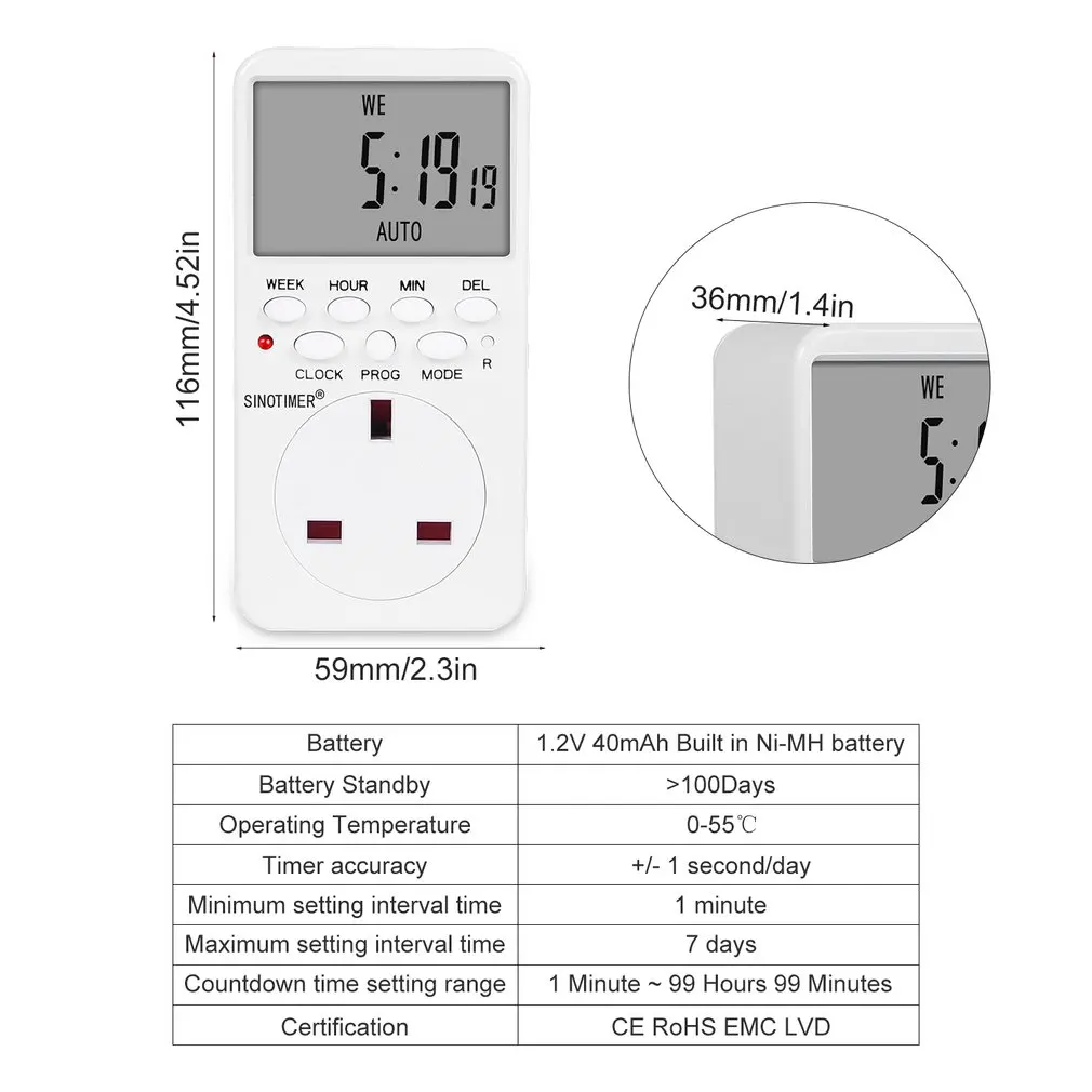 SINOTIMER TM519 7 дней Еженедельный ЖК цифровой программируемый переключатель розетка