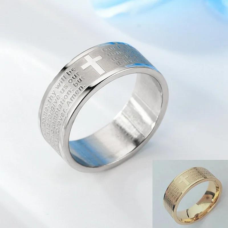 

Titanium Stainless Steel Ring Russian Orthodox Church Scripture Bible Lord's Prayer Cross Rings For Women Men Christian Jewelry