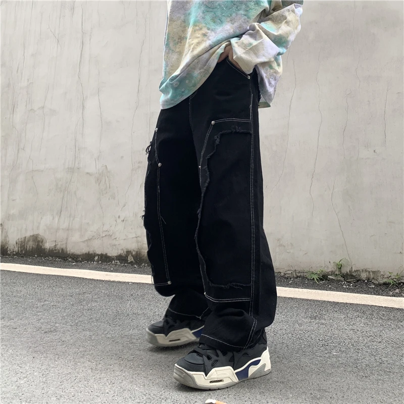 

High Street Layer Spliced Solid Jeans For Men Harajuku Straight Baggy Denim Trousers Oversize Ripped Loose Casual Jean Pants